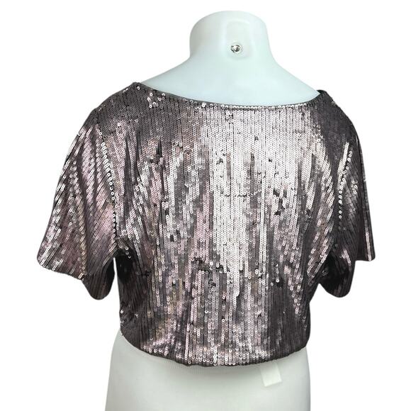 Ashley Nell Tiptop Pink Gold Metallic Sequin Short Sleeve Crop Blouse Top Sz XL - Picture 2 of 5